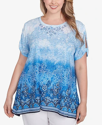 Ruby Rd. Plus Crystal Ombre Cold Shoulder Crew Neck Top