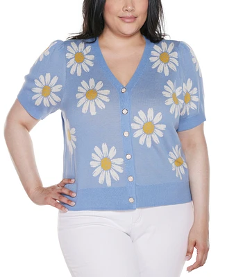 Belldini Plus Daisy Jacquard V-Neck Cardigan Sweater