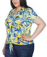 Belldini Plus Tropical Tie-Front Knit Top