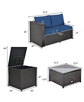 Gymax 8PCS Cushioned Rattan Patio Conversation Set w/ Side Table Navy Cushion