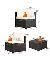 Gymax 6PCS Rattan Patio Sectional Sofa Conversation Set Outdoor w/ Beige Cushions