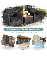 Gymax 3PCS Patio Furniture Set Conversation Bistro Set w/ Acacia Wood & Cushions Black