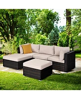 Gymax 5PCS Rattan Patio Conversation Set Outdoor Furniture Set w/ Ottoman Cushion