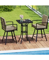 3 Pcs Patio Swivel Bar Set Table and Chairs Set with Soft Cushions & Umbrella Hole