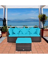 Gymax 4PCS Rattan Patio Conversation Furniture Set Yard Outdoor w/ Turquoise Cushion