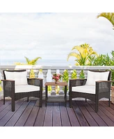 Gymax 3PCS Patio Conversation Furniture Set Pe Rattan Sofa Set W/Wood Top Table