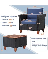 Gymax 3PCS Patio Rattan Conversation Furniture Set Yard Outdoor w/ Navy Cushions