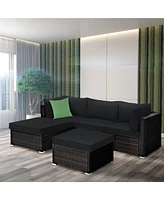Gymax 5PCS Rattan Patio Conversation Set Outdoor Furniture Set w/ Black Cushions