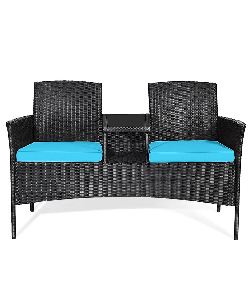 Gymax Rattan Wicker Patio Conversation Set w/ Table Turquoise Cushion