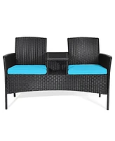 Gymax Rattan Wicker Patio Conversation Set w/ Table Turquoise Cushion