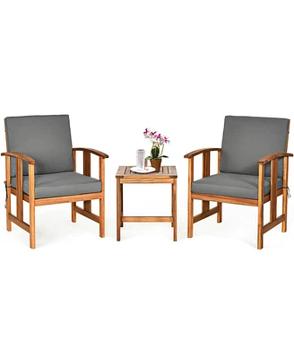 Gymax 3PCS Outdoor Patio Sofa Furniture Set Solid Wood Cushioned Conversation Set Grey
