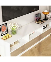 Tv stand with three compartments and three draws, wooden media consoles in white and wood colours, multi-purpose entertainment center