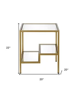 Modern 22" Square End Table – Brass Finish, Clear Glass, and Two Shelves