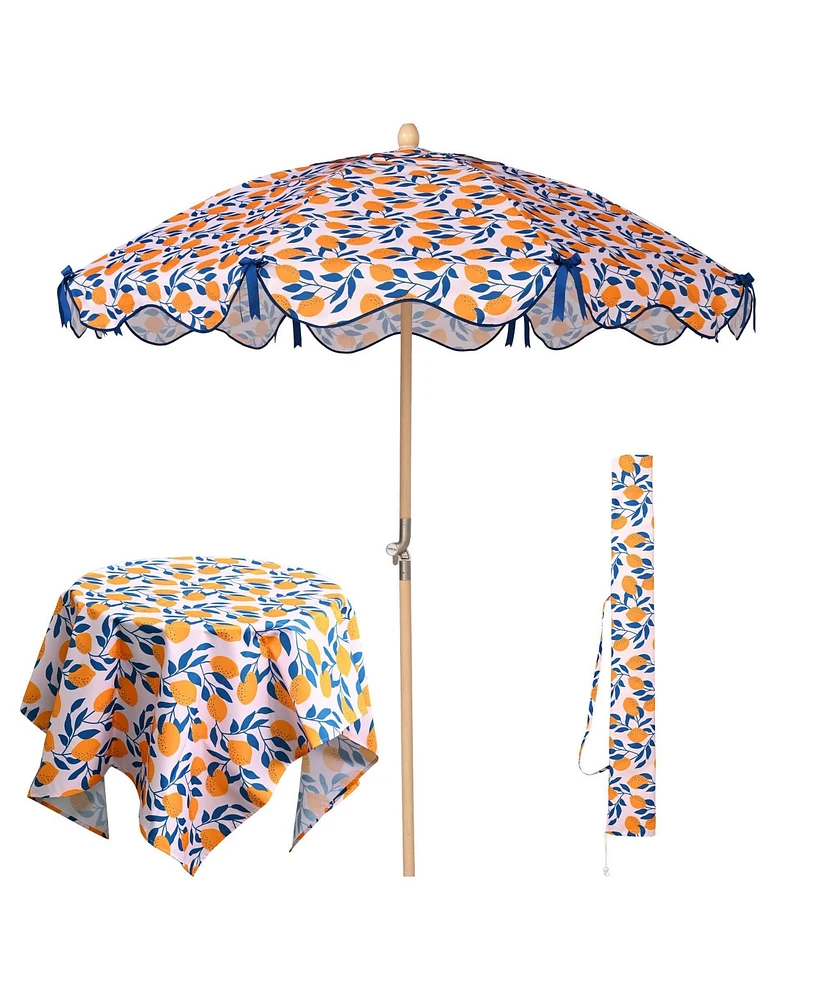 LAGarden Our Beach Umbrella for 6ft Beech Wood Pole w/ Tablecloth Printed Lemon Tree for Outdoor Garden Summer Event Planning Small Patio Balcony