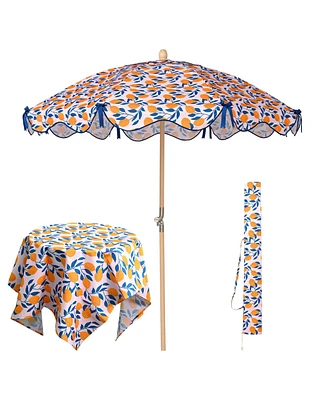 LAGarden Our Beach Umbrella for 6ft Beech Wood Pole w/ Tablecloth Printed Lemon Tree for Outdoor Garden Summer Event Planning Small Patio Balcony