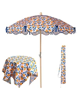 LAGarden Our Beach Umbrella for 6ft Beech Wood Pole w/ Tablecloth Printed Lemon Tree for Outdoor Garden Summer Event Planning Small Patio Balcony