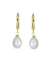 Bling Jewelry Classic Simple Yellow Gold Plated White Freshwater Cultured Pearl Pear Shape Teardrop Mini Hoop Huggie Drop Earrings