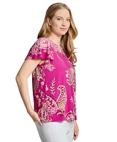 Jones New York Petite Paisley-Print Keyhole Flutter-Sleeve Top
