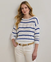 Lauren Ralph Petite Striped Pointelle Cotton-Blend Sweater
