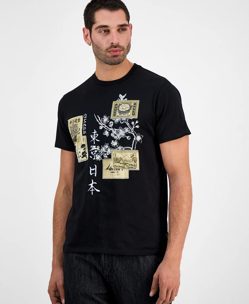 Guess Men's Japanese Stamps Short Sleeve Crewneck Graphic T-Shirt