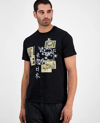 Guess Men's Japanese Stamps Short Sleeve Crewneck Graphic T-Shirt