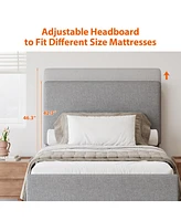 Twin Linen Platform Bed with Trundle, Padded Headboard, Grey