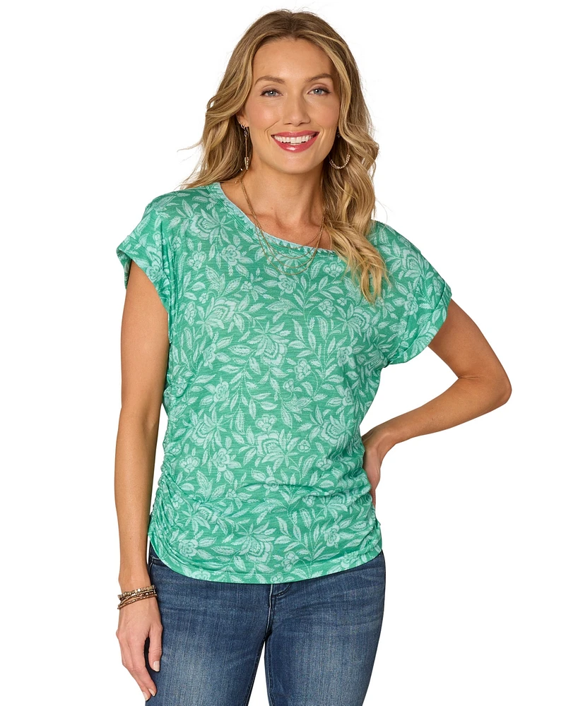 Democracy Petite Printed Side-Shirred Rolled-Cuff Top