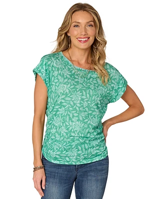 Democracy Petite Printed Side-Shirred Rolled-Cuff Top