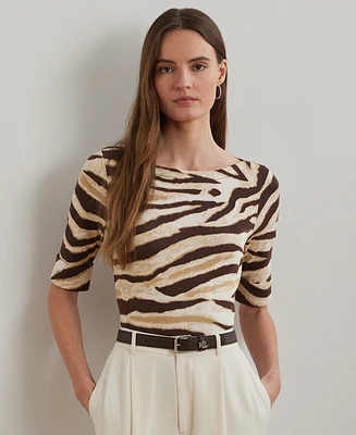 Lauren Ralph Petite Zebra-Print Stretch Cotton Boatneck Tee