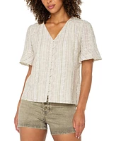 Liverpool Los Angeles Women's Striped Embroidered Cotton Linen Blouse