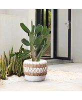LuxenHome Boho White with Brown Accents -Inch Round MgO Planter