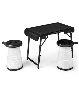 3 Pieces Folding Camping Table Stool Set with 2 Retractable Led Stools