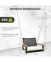Single Rattan Porch Swing with Armrests Cushion and Hanging Ropes