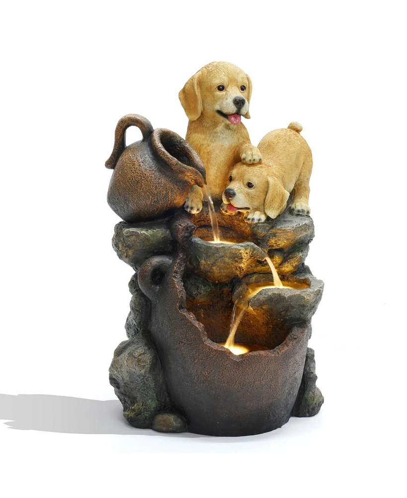 LuxenHome Puppy Friends Farmhouse Resin Outdoor Fountain with Lights