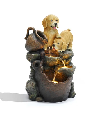 LuxenHome Puppy Friends Farmhouse Resin Outdoor Fountain with Lights