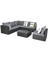 7 Pieces Sectional Wicker Furniture Sofa Set with Tempered Glass Top Coffee Table