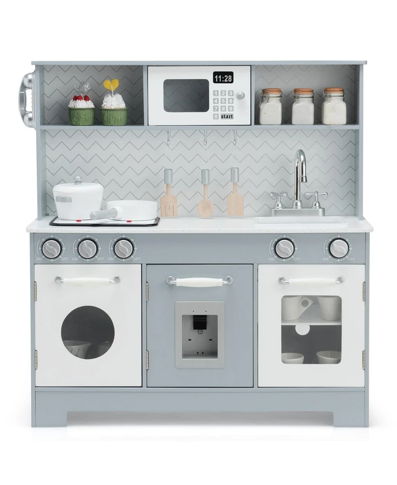 Pretend Play Kitchen Wooden Toy Set for Kids with Realistic Light and Sound