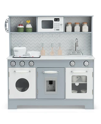 Pretend Play Kitchen Wooden Toy Set for Kids with Realistic Light and Sound