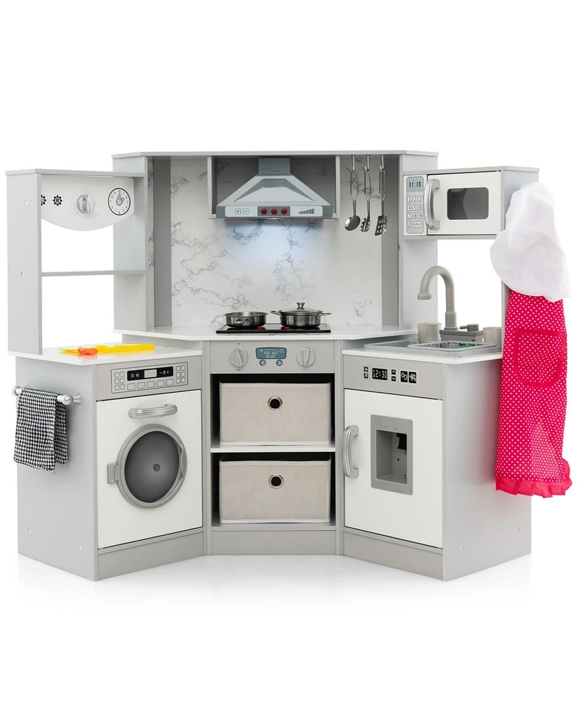 Wooden Kids Play Kitchen Playset with Realistic Lights and Sounds