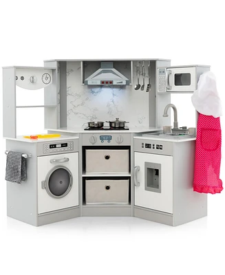 Wooden Kids Play Kitchen Playset with Realistic Lights and Sounds