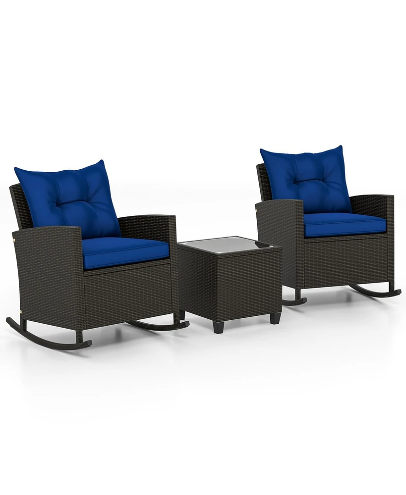3-Piece Patio Rattan Roker Chairs with Tempered Glass Table and Soft Cushions