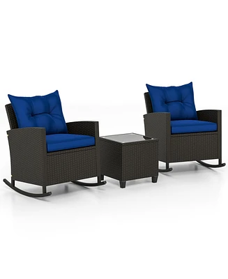 3-Piece Patio Rattan Roker Chairs with Tempered Glass Table and Soft Cushions