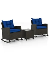 3-Piece Patio Rattan Roker Chairs with Tempered Glass Table and Soft Cushions