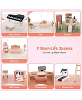 3-Tier Wooden Dollhouse for Kids Aged 3-8 Years Old with 32 Pieces of Accessories