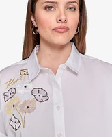 Karl Lagerfeld Paris Plus Cotton Floral-Detail Roll-Tab Shirt