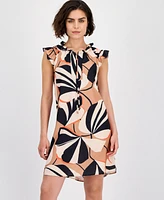 Robbie Bee Women's Printed Ruffle-Neck Cap-Sleeve Dress