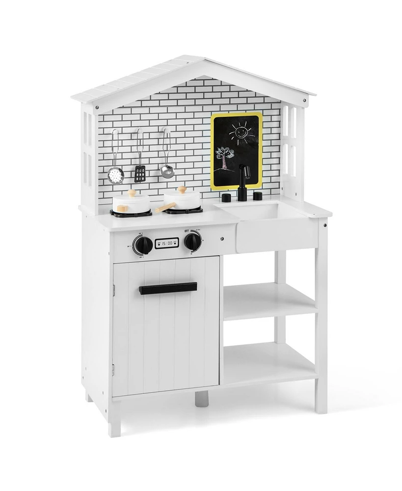 Kids Wooden Kitchen Play Set with Storage Shelves and Accessories