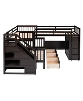 Twin-Twin over Full L-Shaped Bunk Bed w/ Desk & Wardrobe