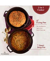 Cuisinel 7-Quart Cast Iron Dutch Oven - Pre-Seasoned 2-in-1 Pot & Skillet Combo with Silicone Handle Covers + Scraper