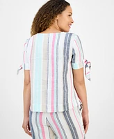 Charter Club Petite Linen Striped Tie-Cuff Short-Sleeve Top, Exclusively at Macy's